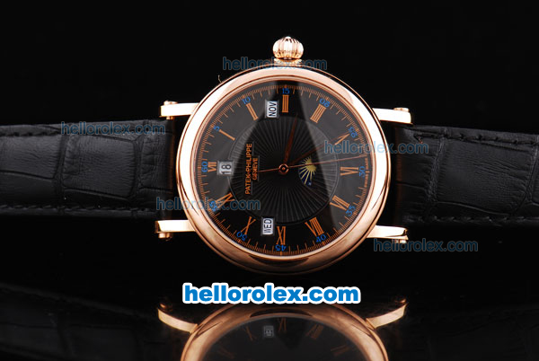 Patek Philippe Calatrava Automatic Movement Rose Gold Case with Black Dial-Rose Gold Roman Markers and Black Leather Strap - Click Image to Close